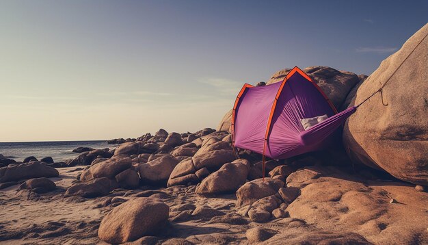 natura morta rocce tenda da campeggio viola