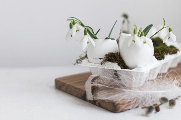 Natura morta rustica di Pasqua Gusci d'uovo di Pasqua con muschio di piume di bucaneve su tavola di legno bianco