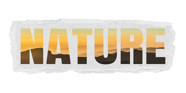 Natura png word sticker tipografia paesaggio di montagna carta strappata su sfondo trasparente
