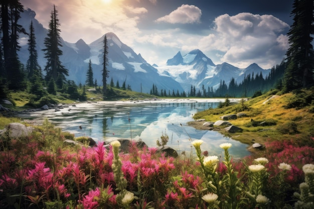 Natura Serenità Un affascinante lago di montagna e fiori fiorenti in primo piano