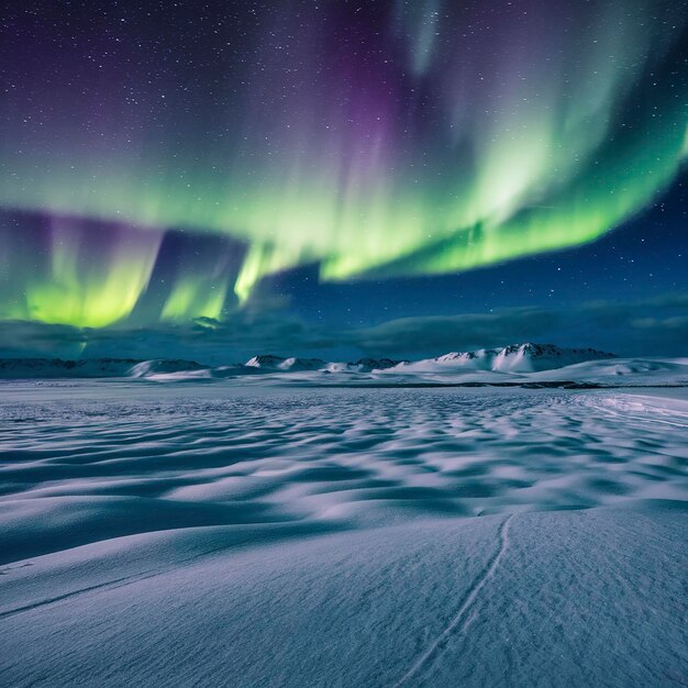 Natura sullo sfondo delle luci del nord sulla nevosa Groenlandia