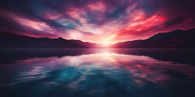 Natura tramonto all'aperto sul lago mare con montagne colline paesaggio sullo sfondo