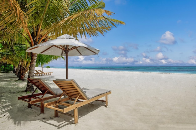 Natura tropicale della spiaggia come paesaggio estivo con lettini e lettini, foglie di palma e mare calmo