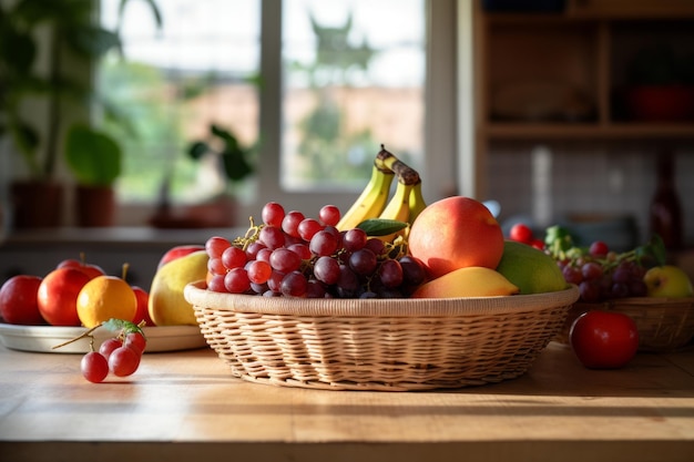 Nature's Bounty Un vivace cesto di frutta fresca adorna il tavolo della cucina