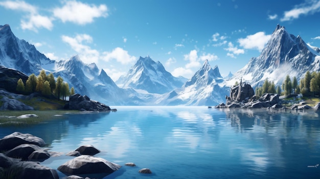 Nature's Majestic Canvas Un paesaggio 3D mozzafiato di montagne, laghi, rocce e acqua generato dall'intelligenza artificiale