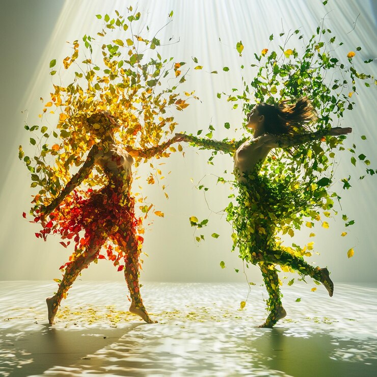 Natures Ballet Green Yellow and Red Leaves in 4K Stage Art