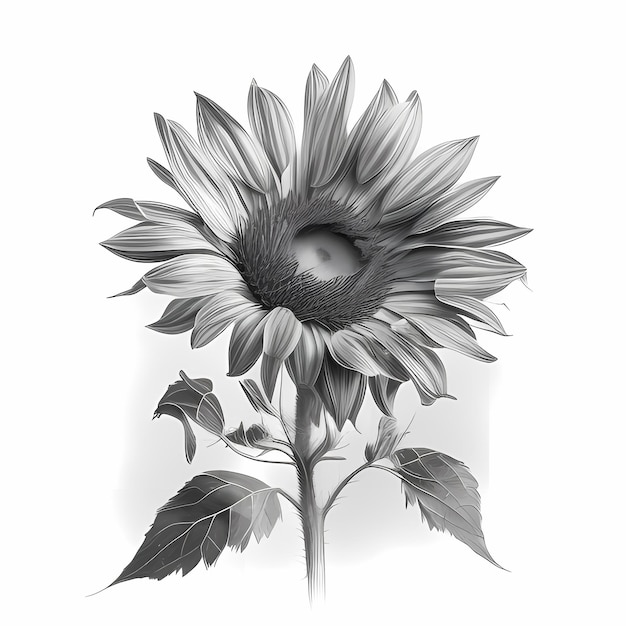 Natures Grace Sketch dettagliato a matita di girasole 8K in bianco e nero