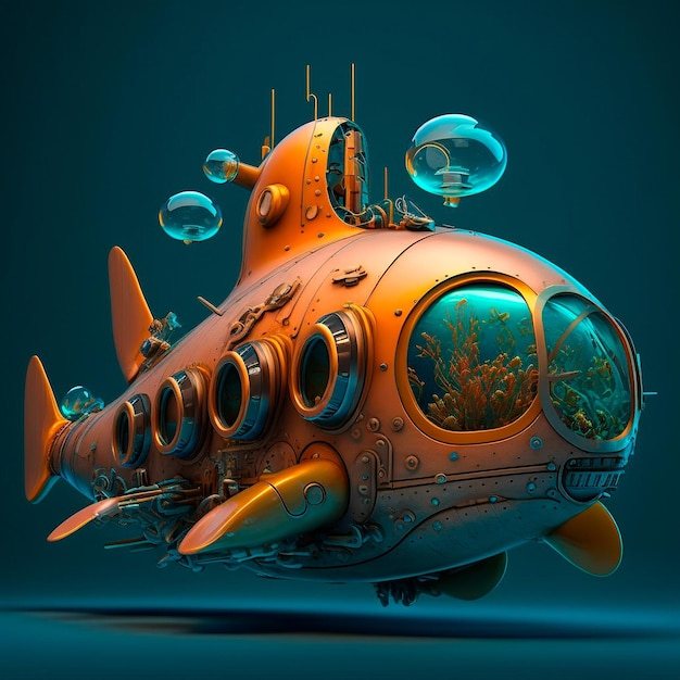 Nautilus sottomarino tecnologico nell'immagine 3D della colonna d'acqua