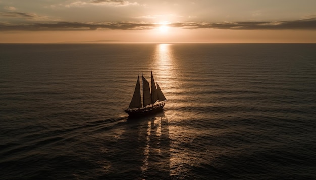 Nave a vela sul tranquillo orizzonte d'acqua al tramonto generato dall'intelligenza artificiale