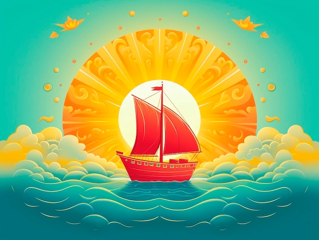 Nave a vela sullo sfondo dell'illustrazione vettoriale del soleAi Generato