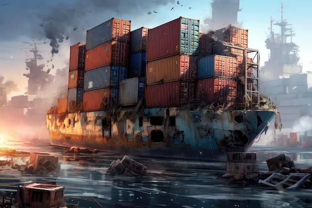 Nave d'alto mare abbandonata naufragata con container davanti a un porto inquinato Generative AI