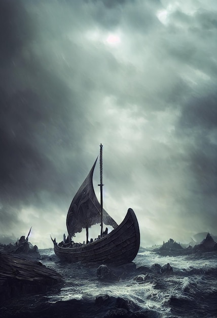 Nave da battaglia dei Vichinghi in mezzo al mare in tempesta