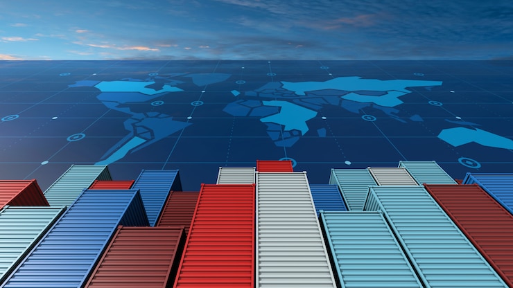 Foto nave da carico di container nella logistica delle imprese di importazione e esportazione sulla mappa digitale del mondo