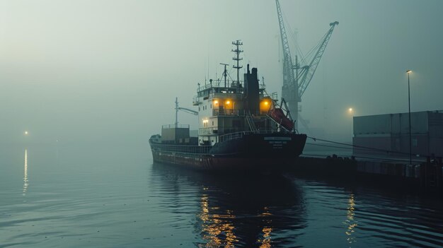 Nave da carico in nebbia nebbiosa che circonda la nave scena fotorealista dettagliata e di umore generativa AI