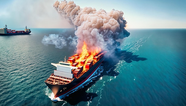 nave da carico portacontainer in fiamme sull'oceano