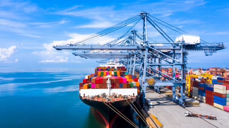 Foto nave da carico portacontainer trasporto merci scarico al porto di destinazione originale con gru banchina, business container globale commerciale oltremare import export logistico container container da nave portacontainer.
