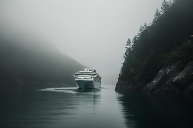 Nave da crociera che naviga nel fiordo nebbioso tra le montagne in aumento IA generativa