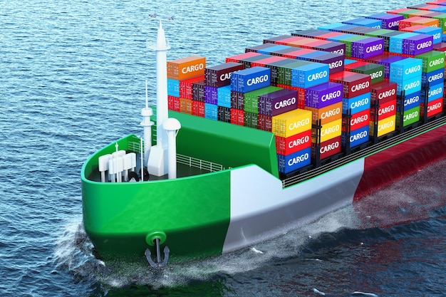 Nave mercantile italiana con container che navigano nel rendering 3D dell'oceano