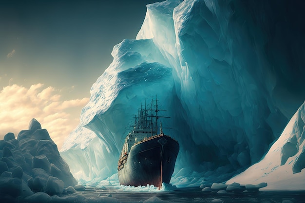 nave nell'oceano durante l'inverno affettando l'iceburg