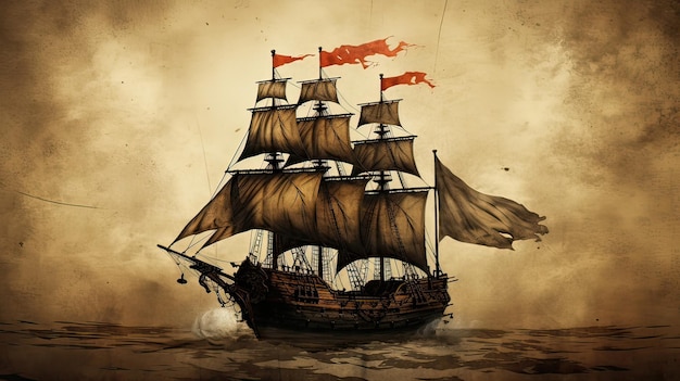 Nave pirata esposta alle intemperie che naviga sotto la famigerata bandiera Jolly Roger Avventure dei pirati Misteri marinari Predoni senza paura scappatelle in alto mare Generato da AI