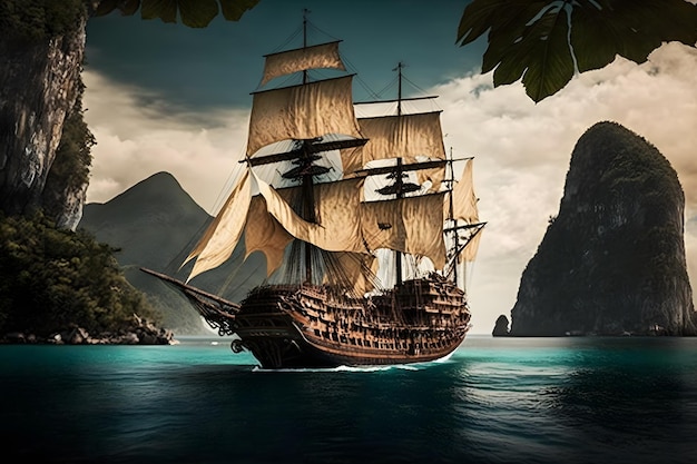 Nave pirata in mare aperto vicino a rocce e piccola isola con palme Arte generata dalla rete neurale