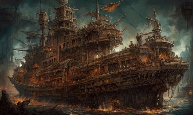 nave pirata mare steampunk ghostpunk dieselpunk fantasia illustrazione poster gioco libro di design artistico