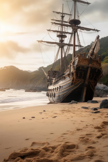 Nave pirata sulla spiaggia con scafo in legno