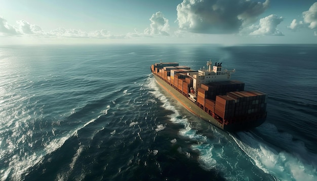 Nave portacontainer su un mare calmo con cielo nuvoloso Commercio globale e industria navale