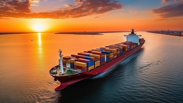 Nave portacontainer sull'oceano Logistica commerciale Importazione esportazione Trasporto vista anteriore al tramonto