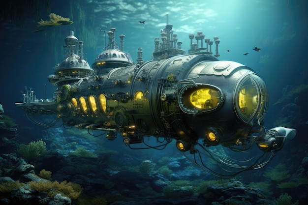 Nave spaziale aliena di fantasia in mare profondo illustrazione di rendering 3D Un sottomarino di fantasia AI Generato