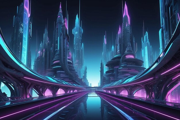 Nave spaziale fino alla città futuristica luci al neon illustrazione di architettura frattale illustrazione per carta da parati