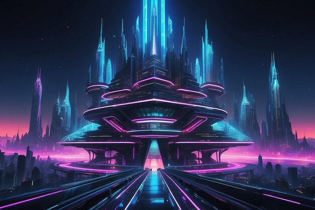 Nave spaziale fino alla città futuristica luci al neon illustrazione di architettura frattale illustrazione per carta da parati