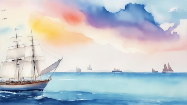 Nave sul mare acquerello pittura a olio carta da parati sfondo paesaggio navigazione da Generative AI