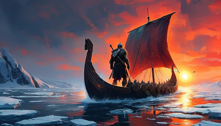 Nave vichinga che naviga al tramonto