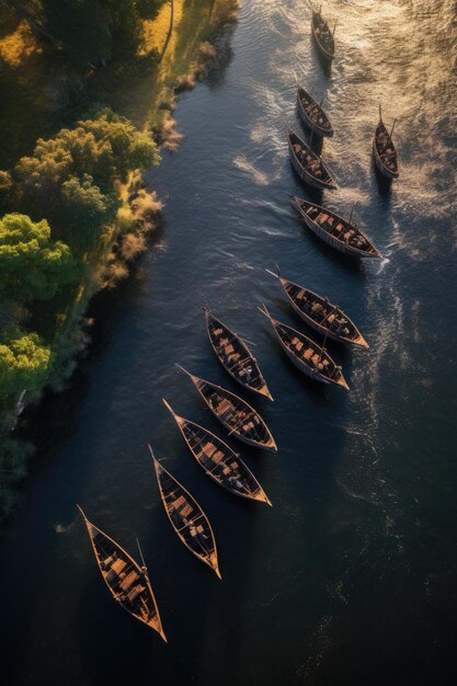 Navi a vela vichinghe a remi sul fiume Drakkar navi lunghe Guerriero scandinavo Ai generativa