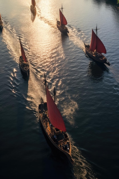 Navi a vela vichinghe a remi sul fiume Drakkar navi lunghe Guerriero scandinavo Ai generativa