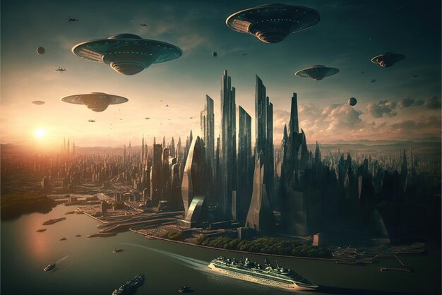Navi extraterrestri che circondano un concetto futuristico di invasione della città