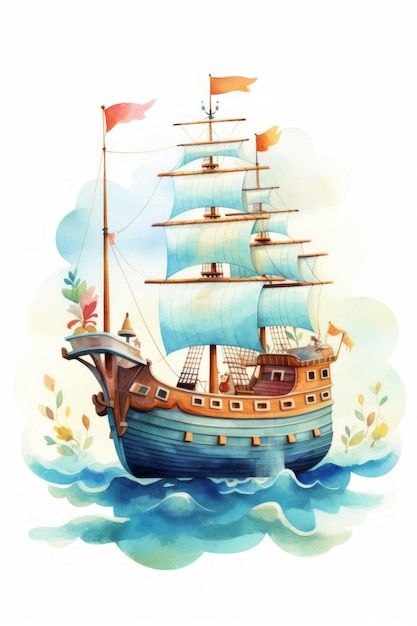 Navi pirata e vela in stile acquerello su sfondo bianco Creato con tecnologia Generative AI