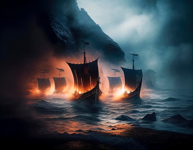Navi vichinghe in mezzo alla nebbia marina Viaggio mistico Immagine generata da AIG