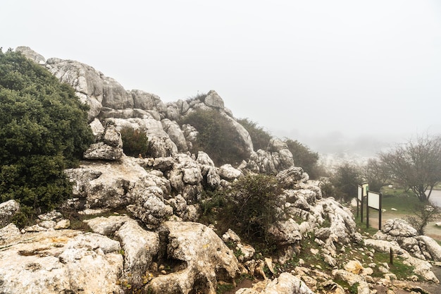 Nebbia all'inizio del sentiero a El Torcal de Antequera, nei comuni di Antequera e Villanueva de la Concepción. Provincia di Málaga, Andalusia