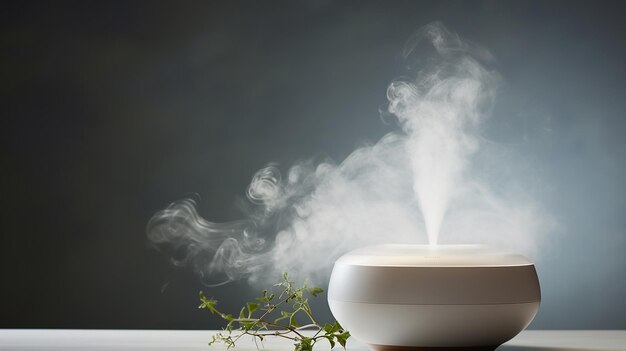 Nebbia dell'umidificatore con olio essenziale su uno sfondo pulito