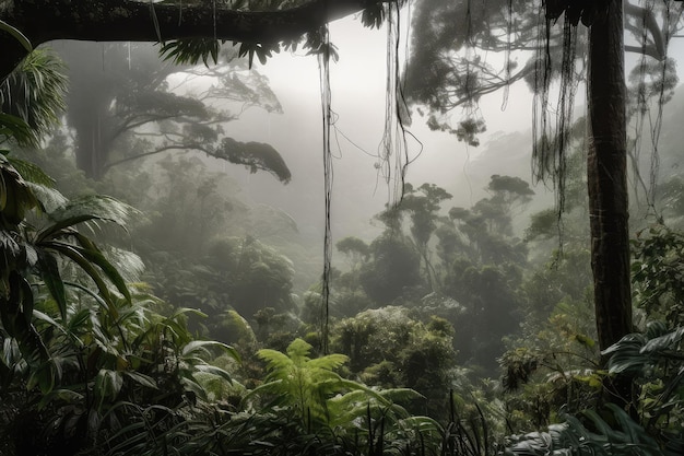 Nebbia della foresta pluviale che incombe sul paesaggio con goccioline d'acqua sospese nell'aria