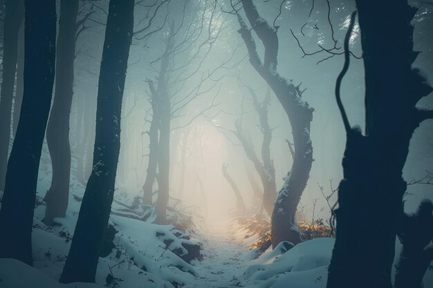 Nebbia densa nella foresta invernale fredda senza foglie e neve bianca sulla corteccia degli alberi generata dall'intelligenza artificiale