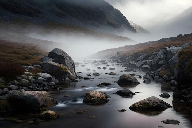 Nebbia e foschia sul fiume che scorre sulle rive rocciose