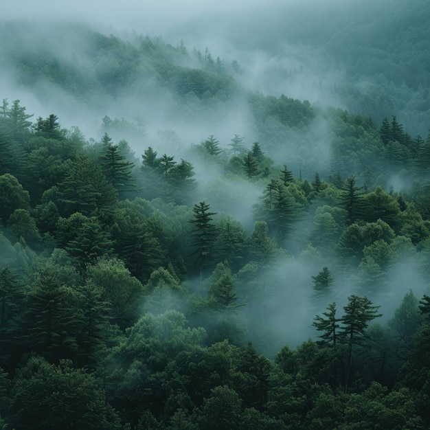 Nebbia eterica in una foresta tranquilla