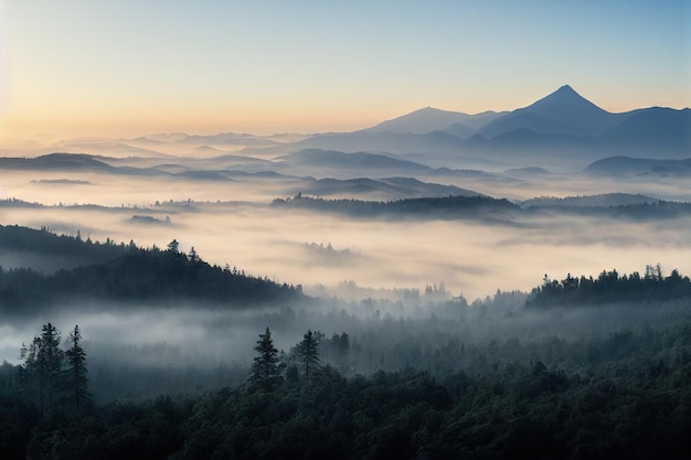 Nebbia fitta nella foresta nebbiosa sullo sfondo di colline e tramonto