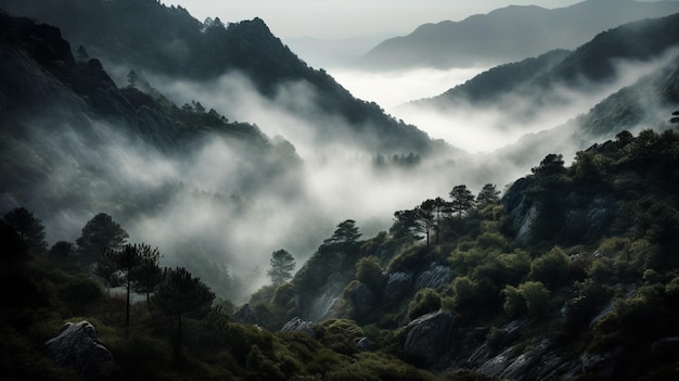 Nebbia in montagna con alberi e montagne