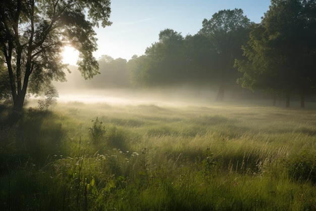 Nebbia mattutina che scorre sul prato con scorci di sole che fanno capolino creati con l'IA generativa