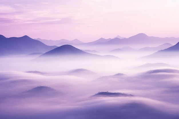 Nebbia sopra le montagne paesaggio panorama astratto gradiente viola eroso terreno mondi oltre