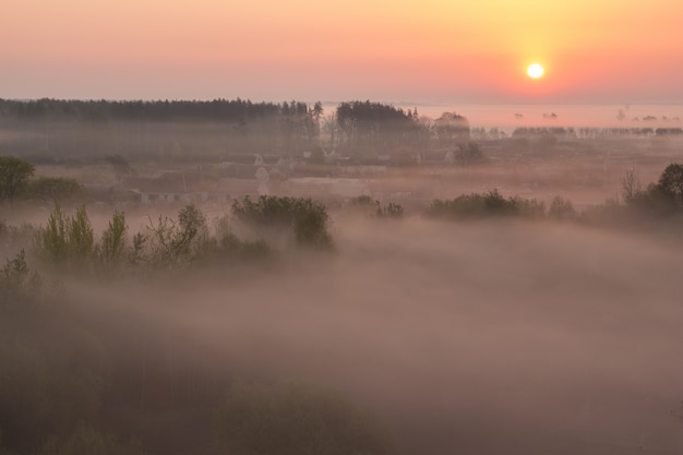 Nebbia spessa nella mattina di primavera sul villaggio